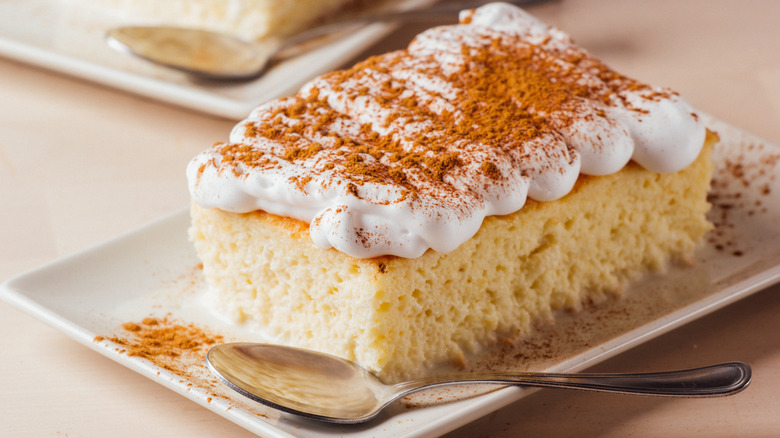 piece of coconut milk cake on a plate with spoon