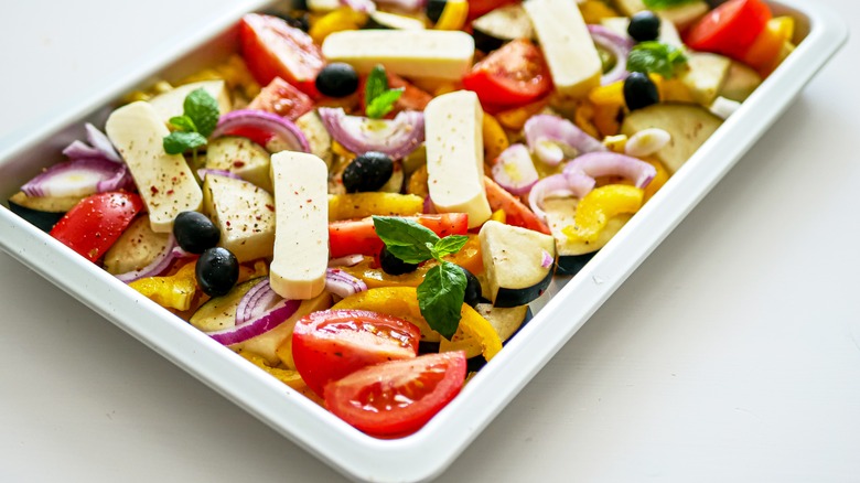 Halloumi salad on sheet pan