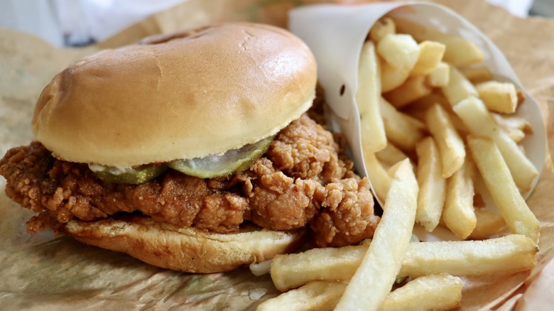 Fried chicken sandwich with fries