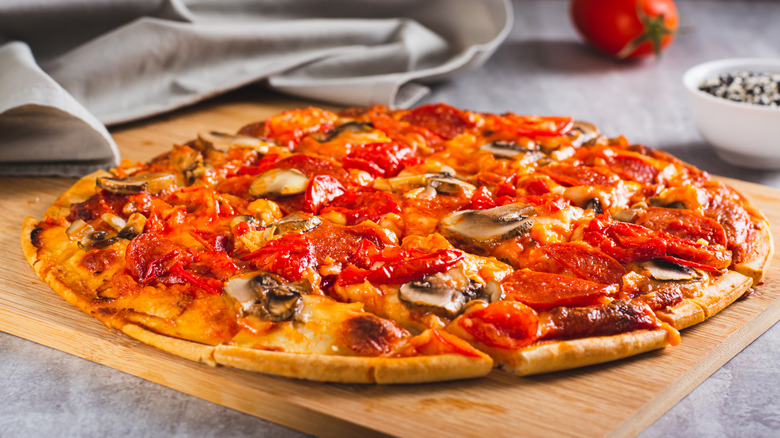 Close-up of thin crust pizza