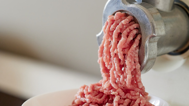 Meat grinder with meat coming out
