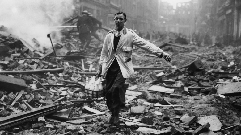 milkman walks through London rubble