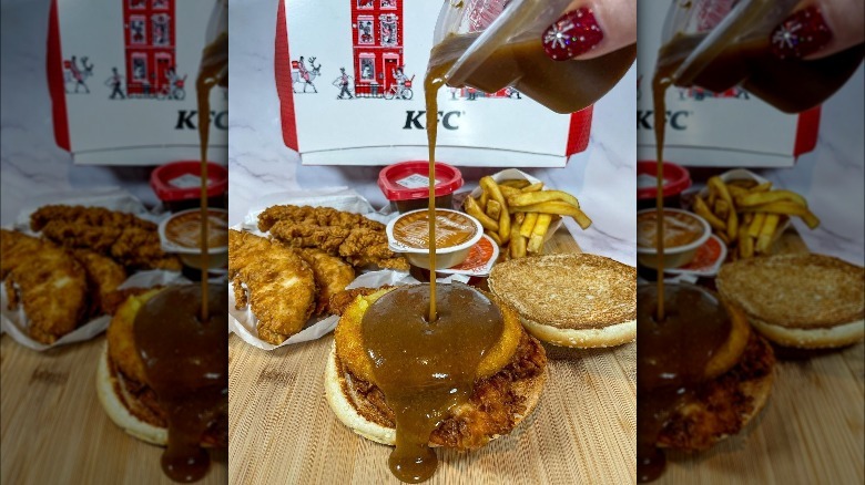 pouring gravy over kfc sandwich