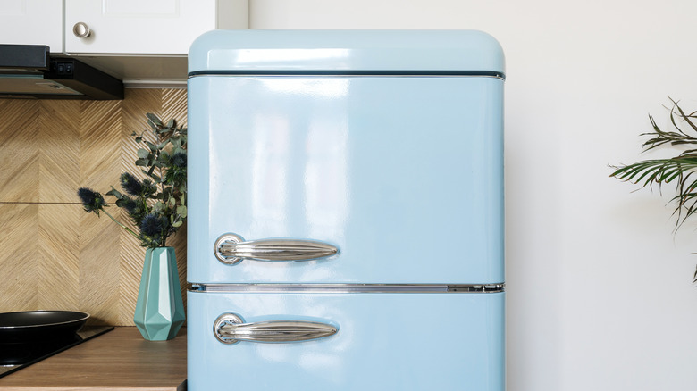 a retro style blue refrigerator - freezer in a home kitchen