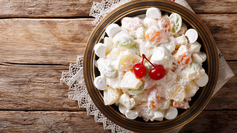 Ambrosia salad over doily