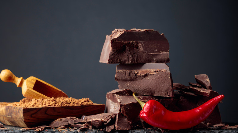 cocoa powder and chocolate bars next to chili pepper