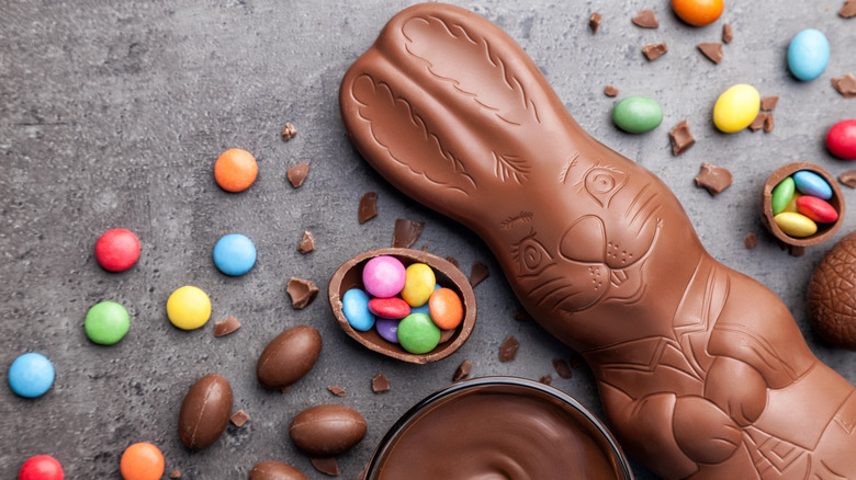 chocolate bunny surrounded by candy