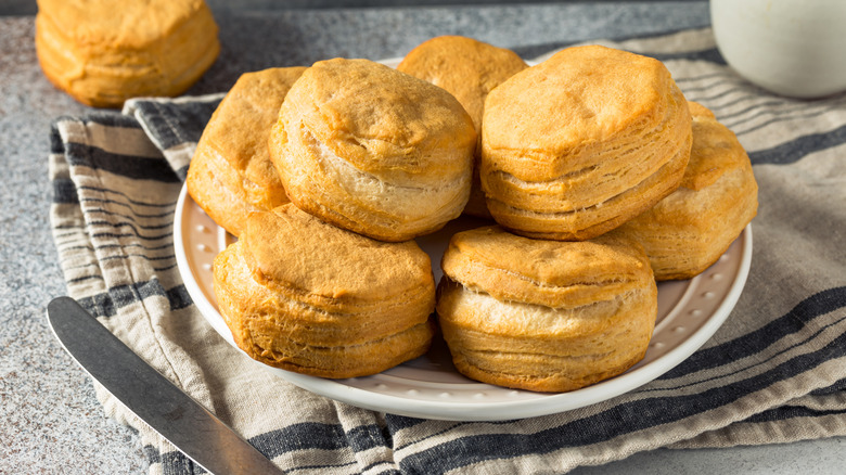 Pile of baked supermarket canned buttermilk biscuits