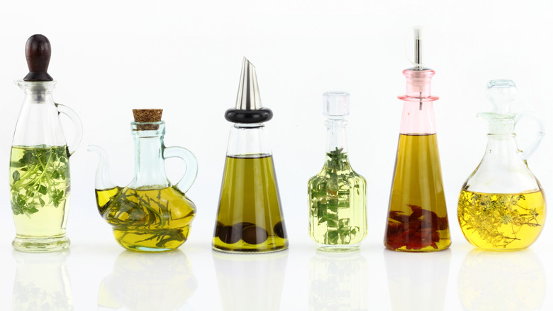 Olive oil dressings lined up