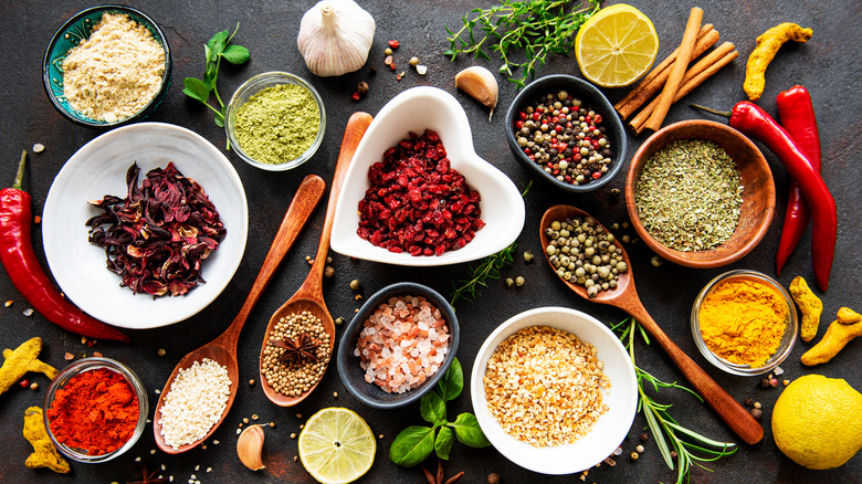 assortment of spices arranged on table