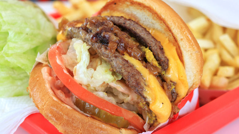 Double double burger in tray