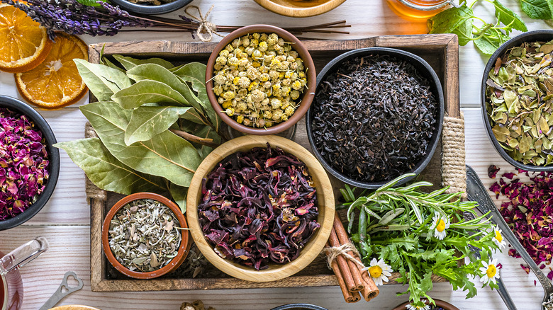 Assortment of dried herbs in bowls