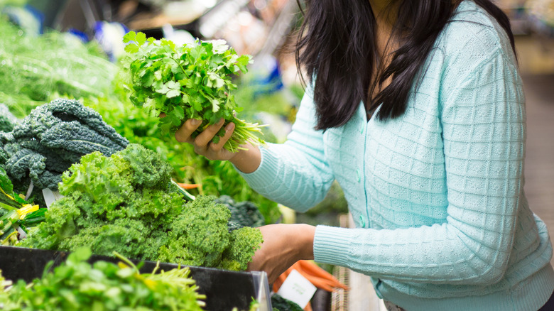 woman picking cilantro at market