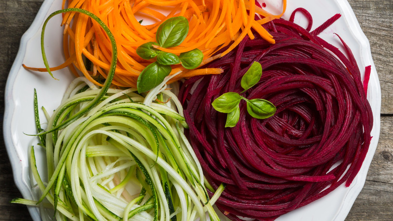 Plate of three different spiralized veggies