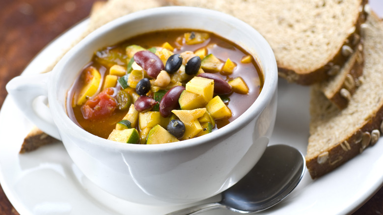 Cup of chili with bread