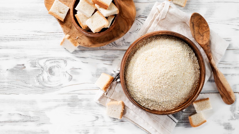 Bowl of breadcrumbs and bread chunks