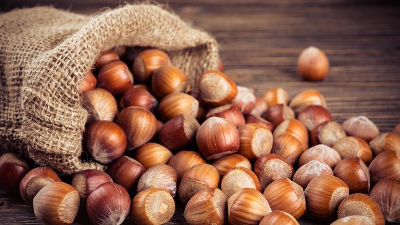 hazelnuts pouring out of a burlap sack