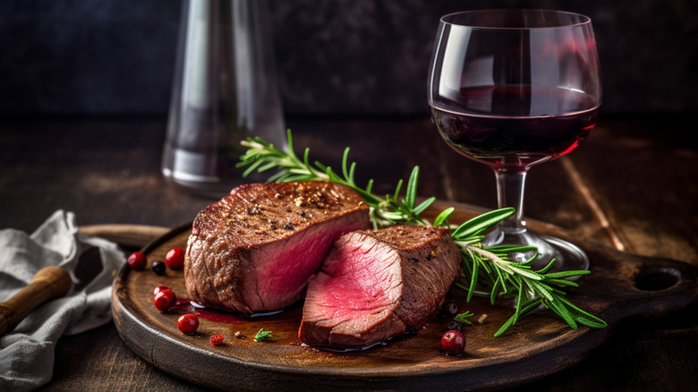 Traditional BBQ dry wagyu fillet steak with herbs with a glass of wine