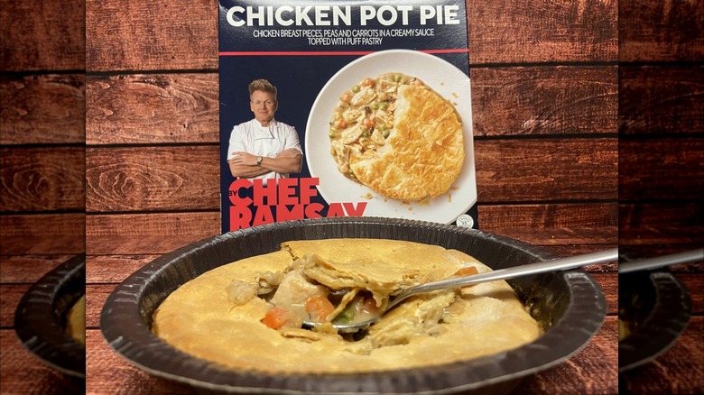 By Chef Ramsay chicken pot pie with spoon and packaging