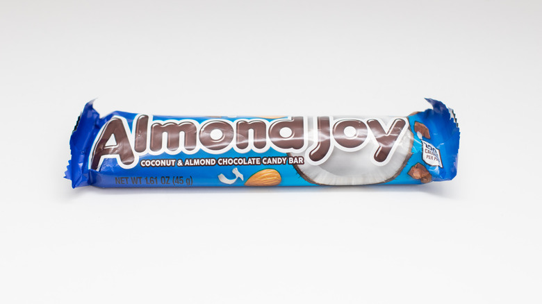wrapped almond joy bar against white background