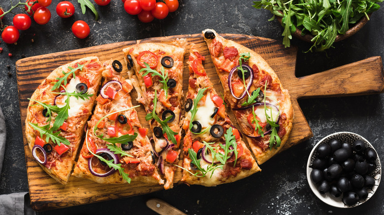 pizza on a wooden board