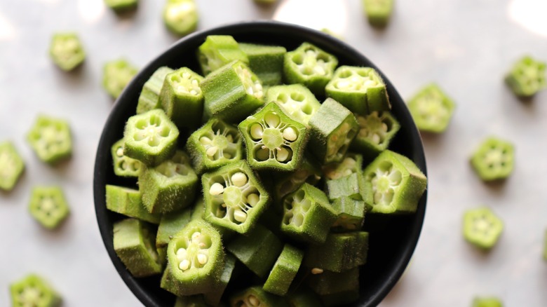 Sliced okra in a pan