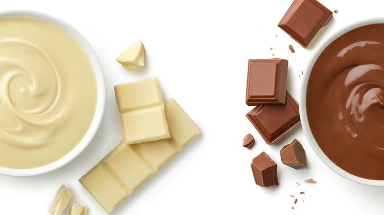 White chocolate and milk chocolate melted in bowls