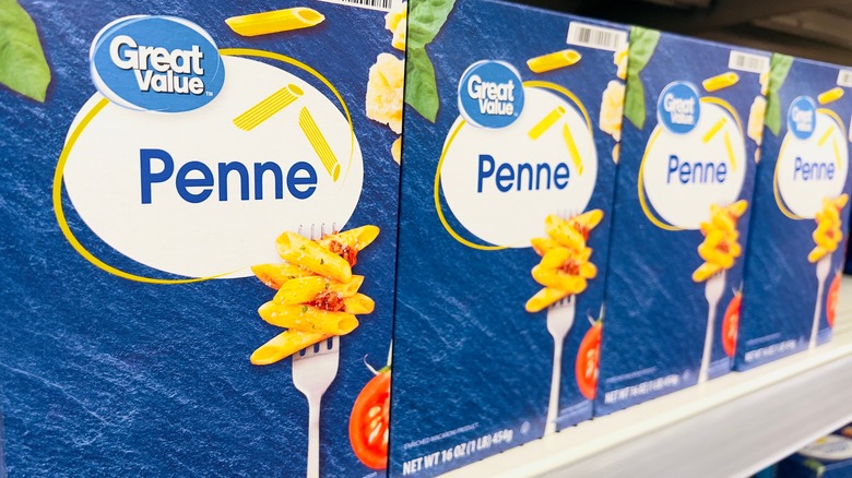 Great Value pasta boxes on shelf