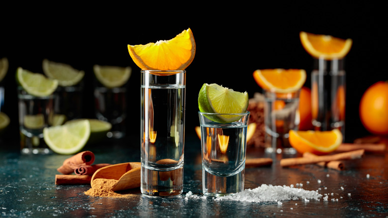 Shot glasses of tequila with orange and cinnamon (left) and lime and salt (right)