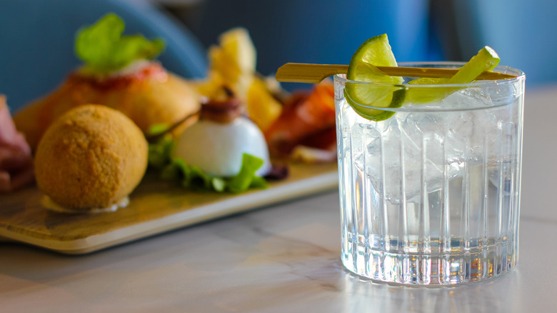 Gin and tonic cocktail with cheese