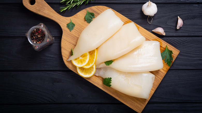 Calamari mantel on cutting board