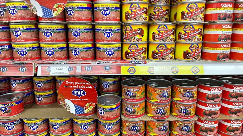 Canned corned beef at supermarket