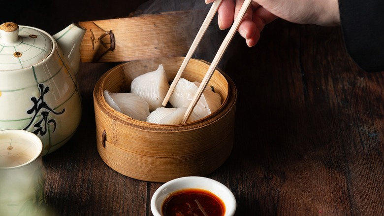 Tea and dim sum dumplings.