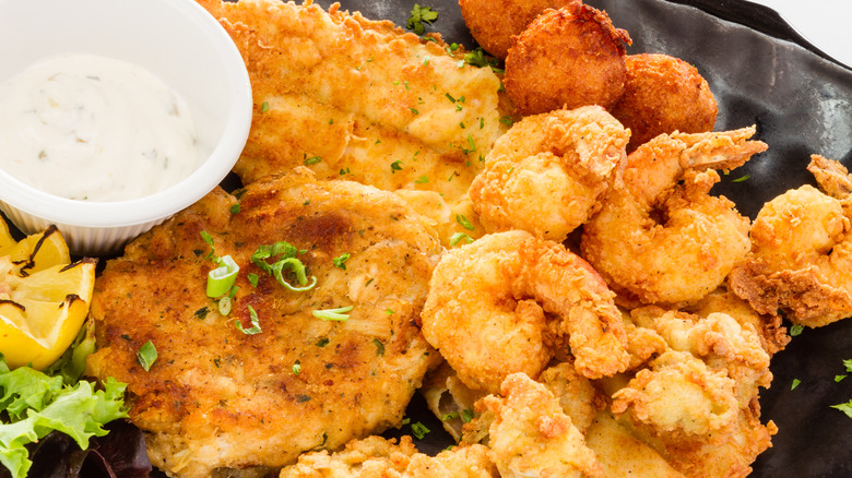 Fried seafood and hush puppies