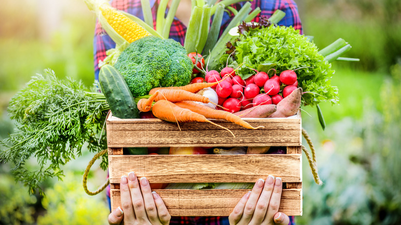 Woman holding box of produce