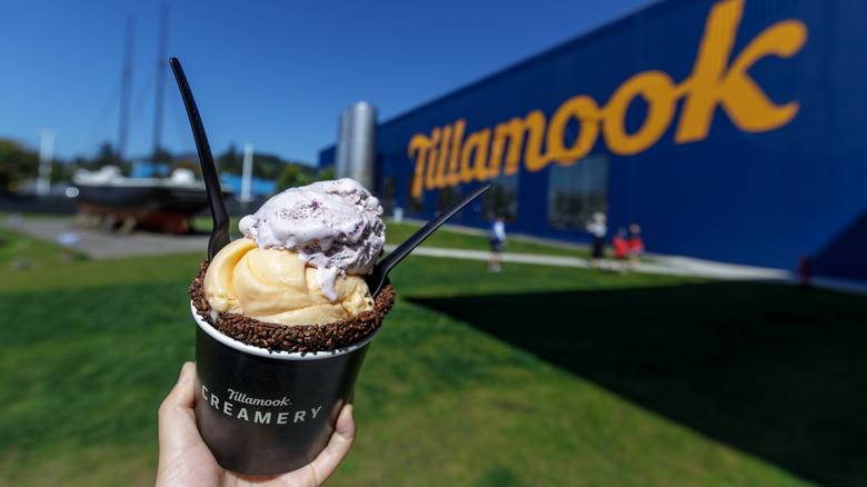 scoops of ice cream in front of factory
