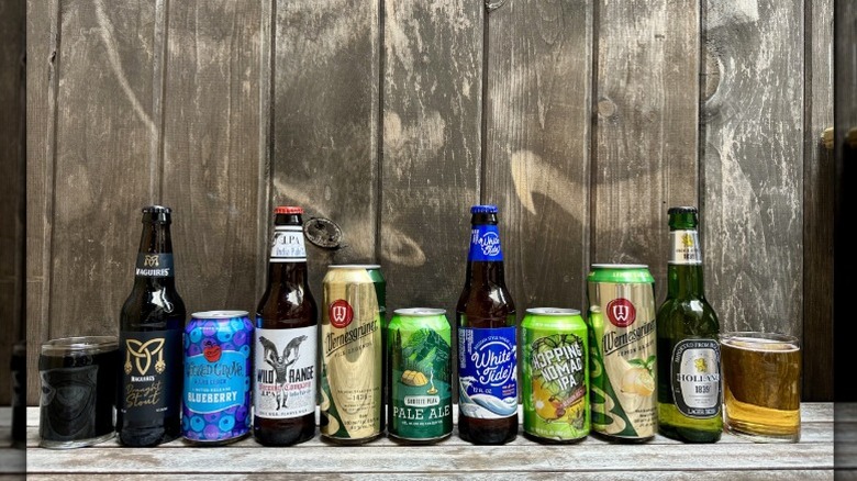 A lineup of Aldi beers, including Maguires Draught Stout, Wicked Grove Blueberry Hard Cider, Wild Range IPA, Wernesgruner Pilsner, Shuteye Peak Pale Ale, White Tide Belgian Ale, Hopping Nomad IPA, Wernesgruner Lemon Radler, and Holland 1839, as well as two glasses of beer on either end