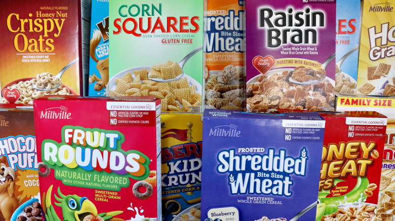 Selection of Millville cereal boxes, stacked.