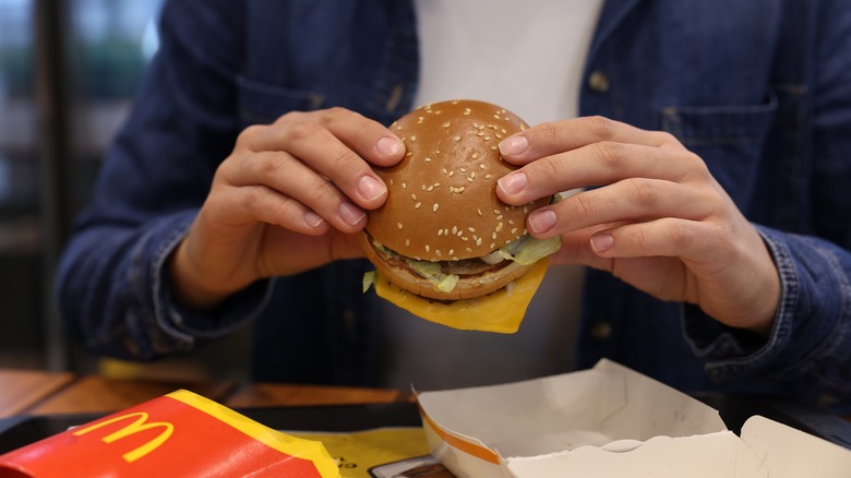 Hands holding a McDonald's burger