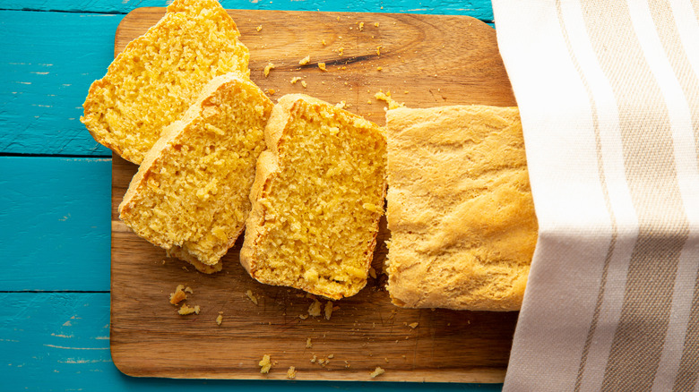 Cornbread on wooden cutting board
