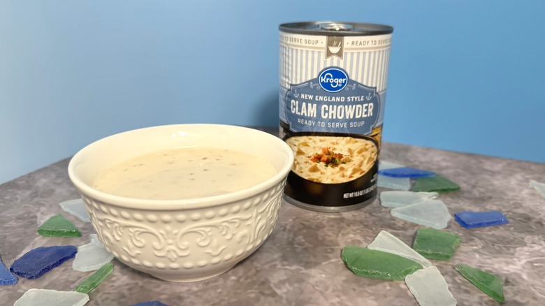 Can and bowl of clam chowder