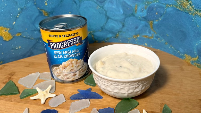 Can and bowl of clam chowder