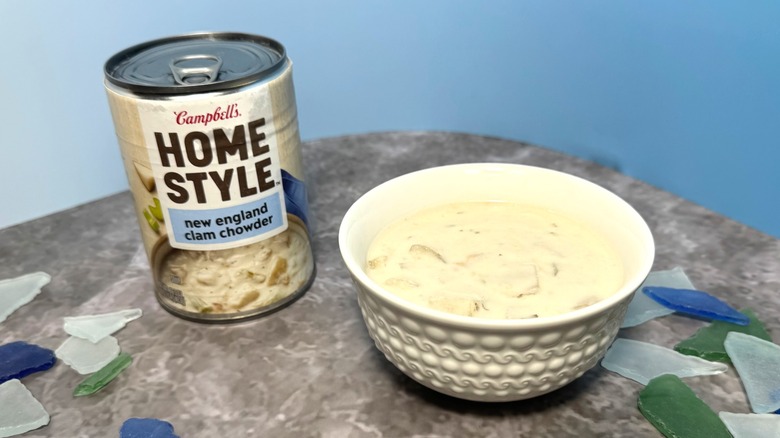 Can and bowl of clam chowder