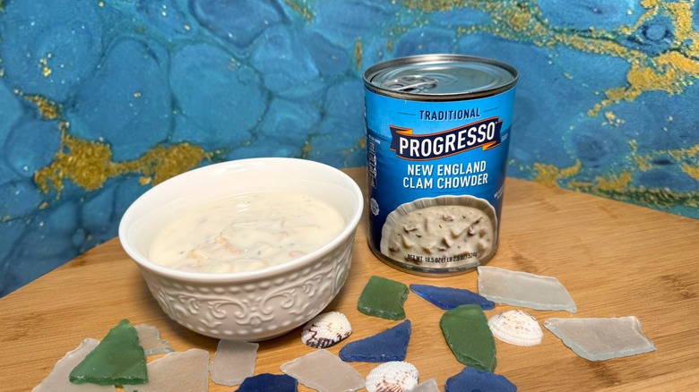 Can and bowl of clam chowder