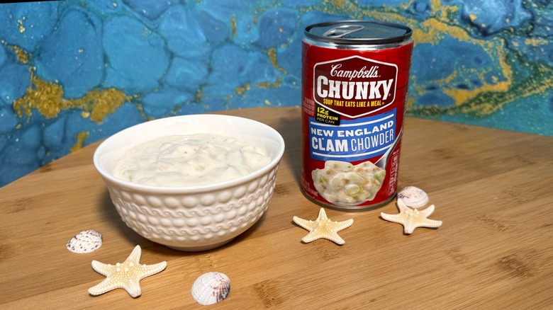 Can and bowl of clam chowder