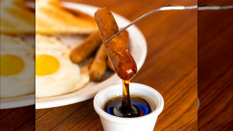 Denny's sausage and syrup
