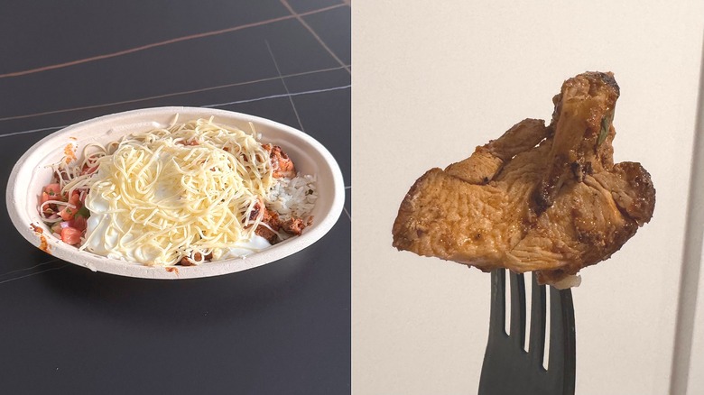 Chipotle Honey Chicken bowl and chicken piece