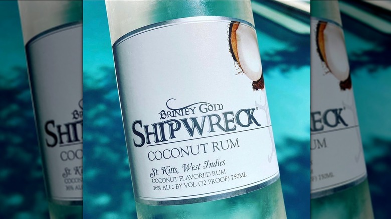 Close up of bottle of Brinley Gold Shipwreck Coconut Rum