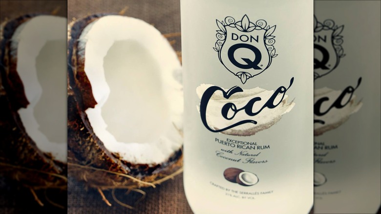 Bottle of Don Q Coco Rum and half a coconut