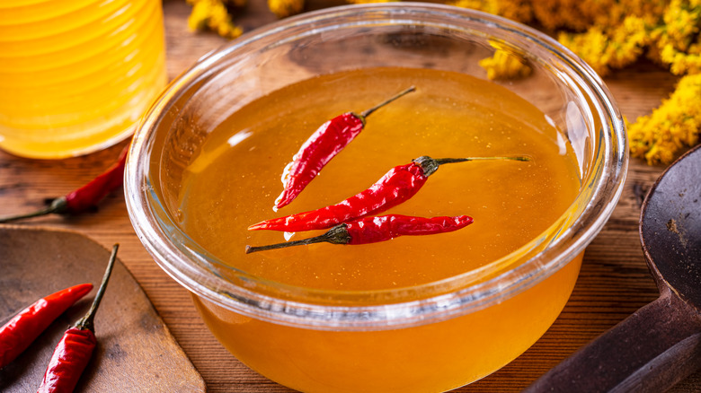 Bowl of chili oil with chilis